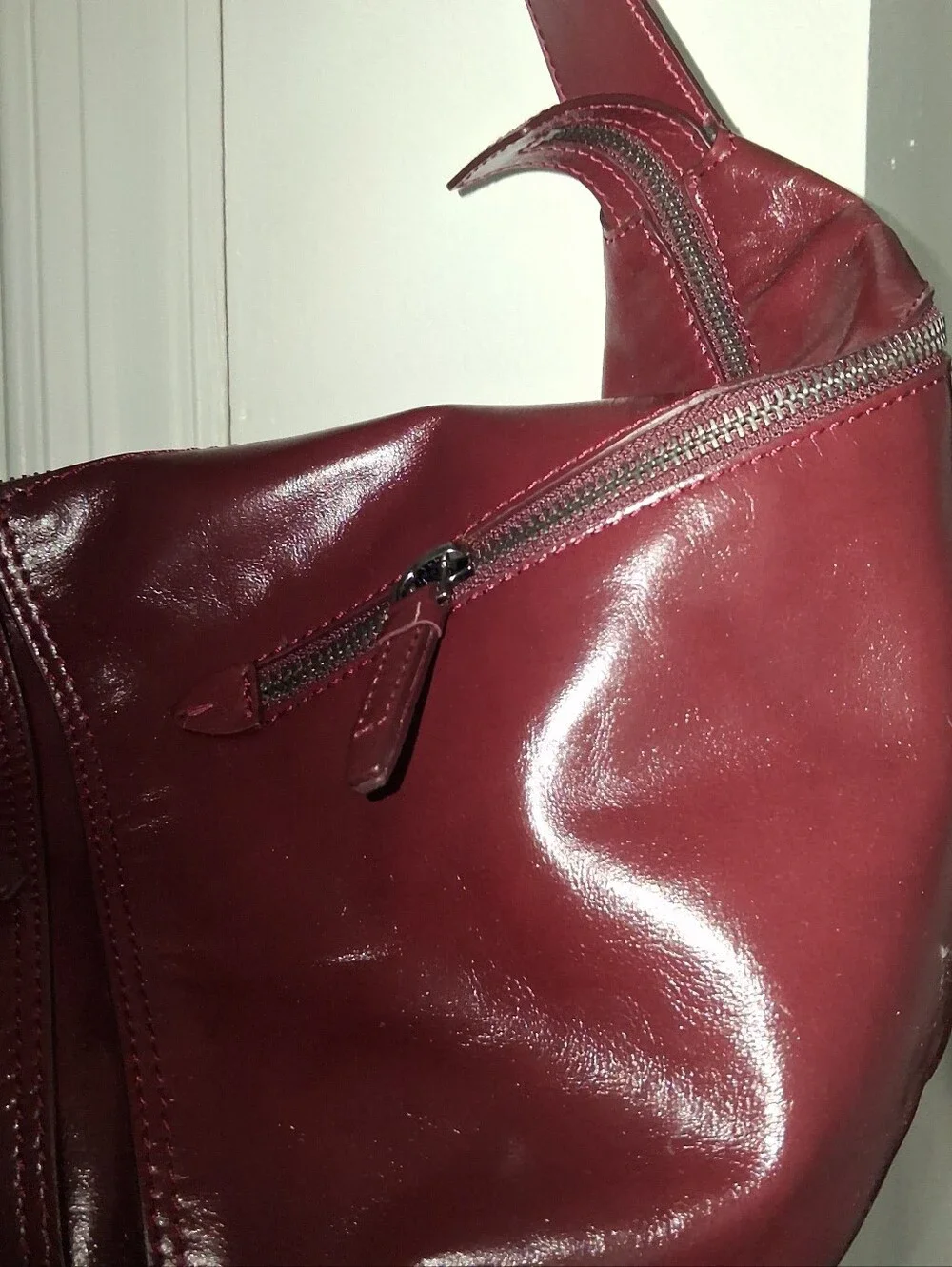 ZARA Large Burgundy Leather Crescent Shoulder Bag Double Buckle Strap Zip  close